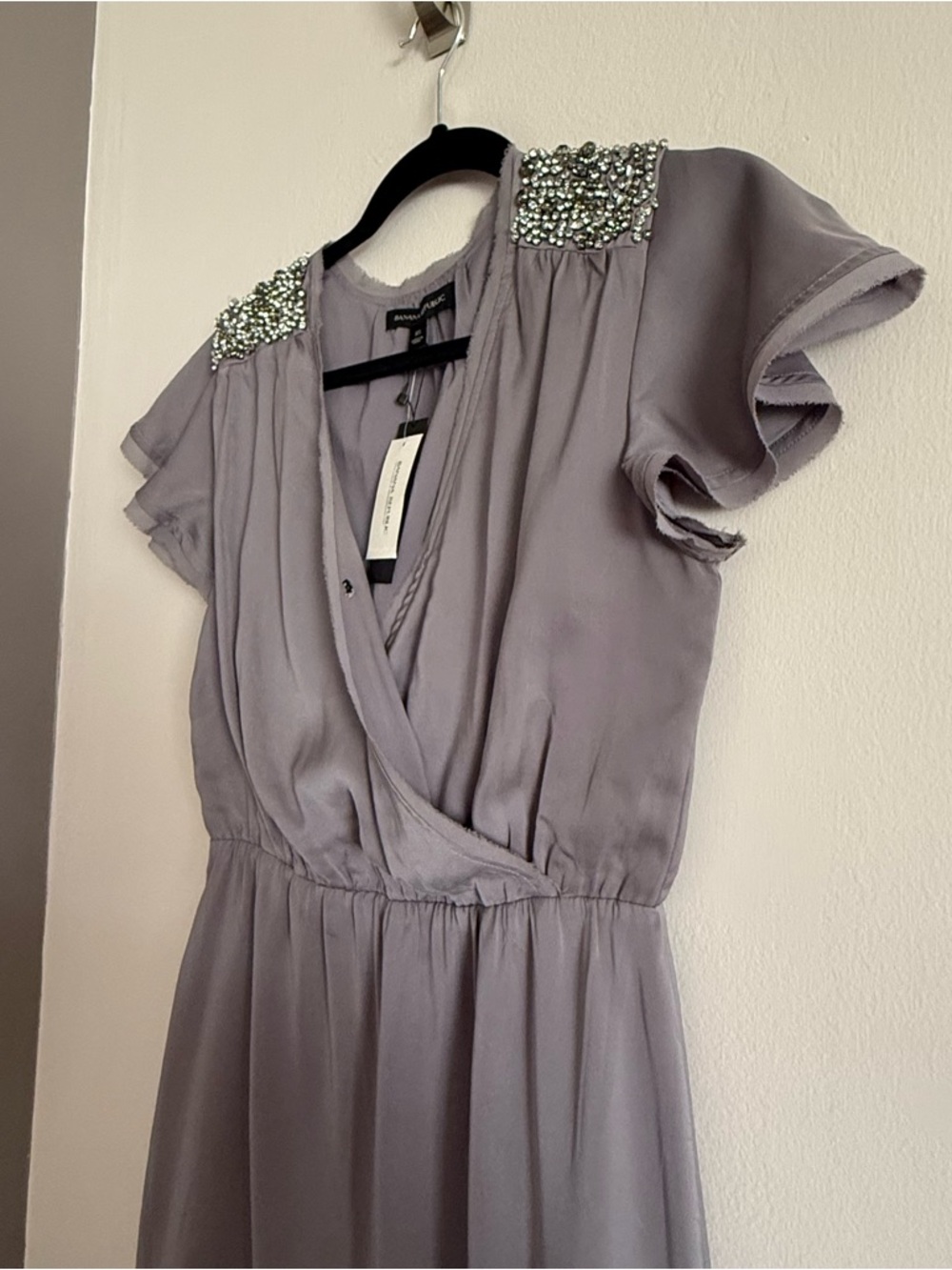 Banana Republic Embellished Shoulder Short Sleeve Wrap Dress in Purplish Gray - Picture 2 of 9